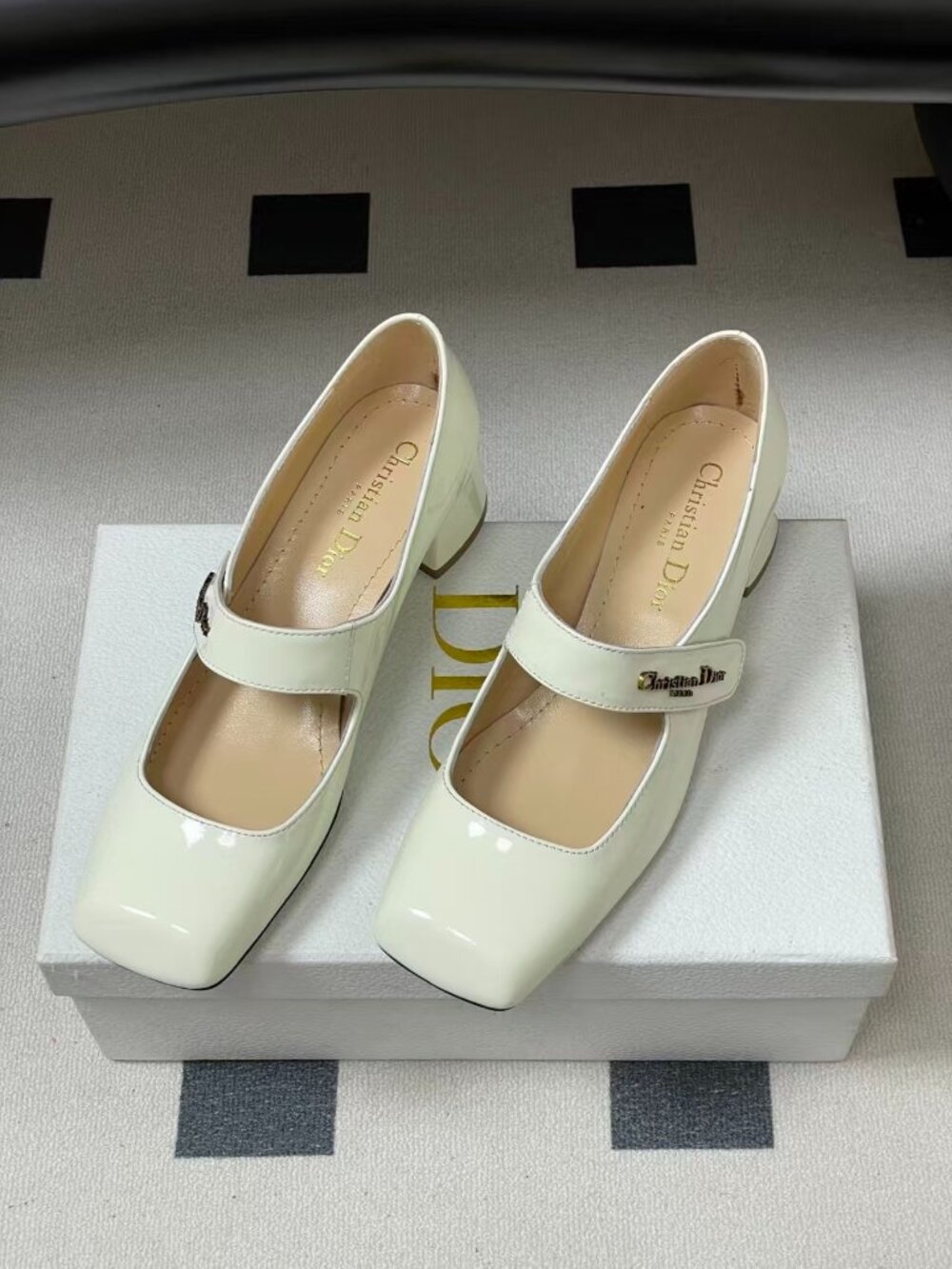 Christian Dior White Patent Leather Square Toe Mary Jane Block Heel Pumps